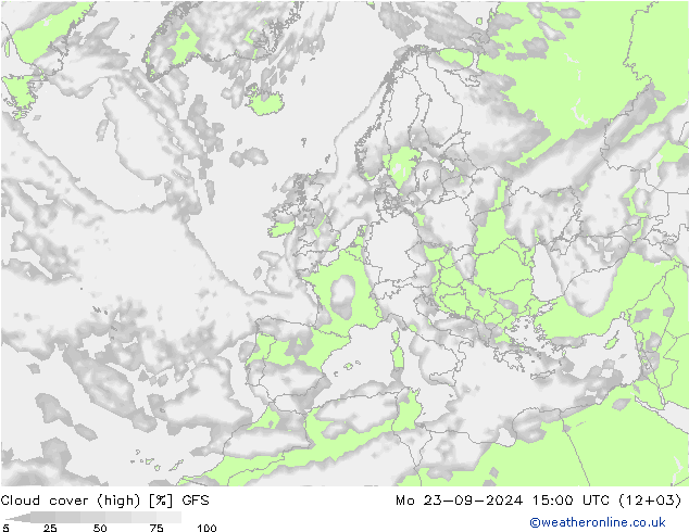 Cloud cover (high) GFS Mo 23.09.2024 15 UTC