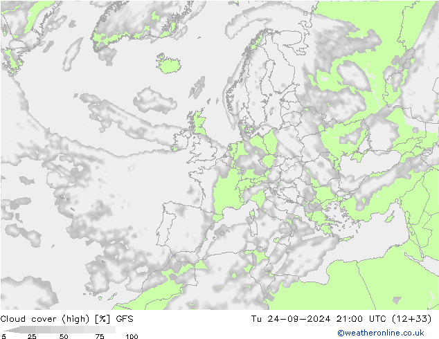 Cloud cover (high) GFS Tu 24.09.2024 21 UTC