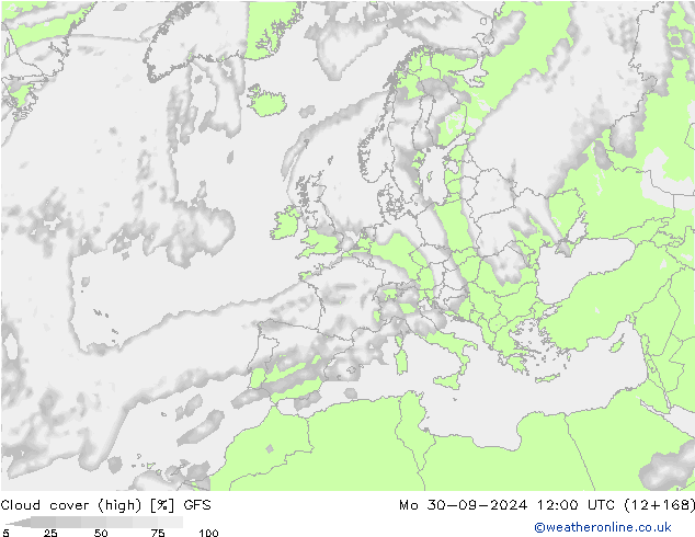 zachmurzenie (wysokie) GFS pon. 30.09.2024 12 UTC