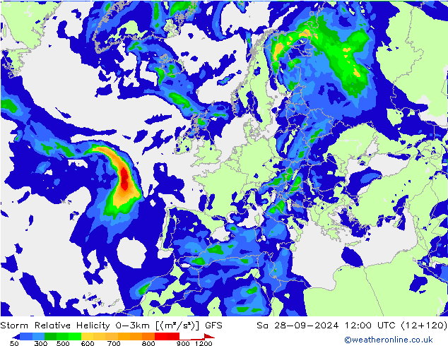 Storm Relative Helicity GFS Sa 28.09.2024 12 UTC