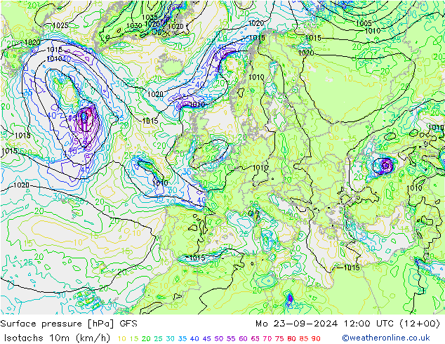 Isotachen (km/h) GFS ma 23.09.2024 12 UTC