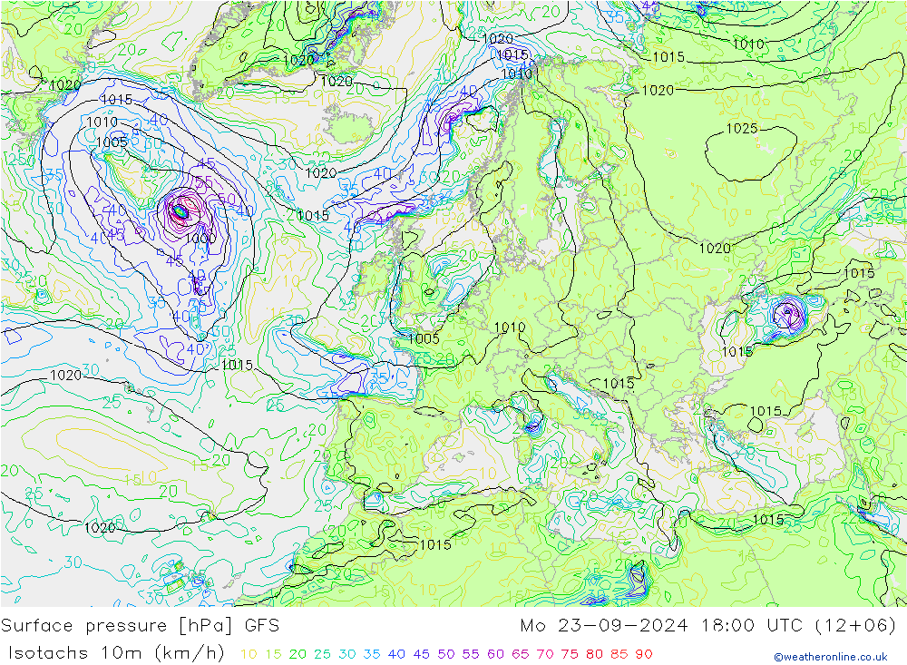 Isotachs (kph) GFS lun 23.09.2024 18 UTC