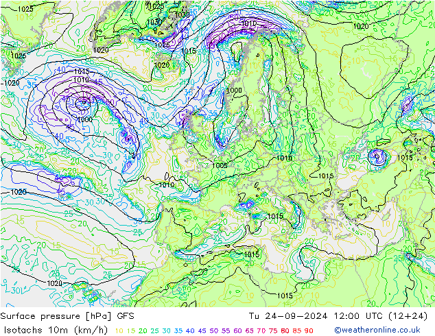 Isotachen (km/h) GFS Di 24.09.2024 12 UTC