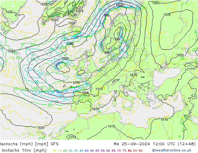 Isotachs (mph) GFS Qua 25.09.2024 12 UTC