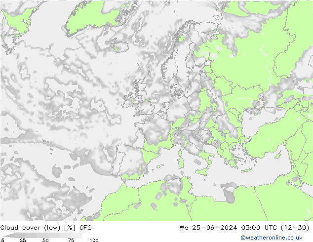 Cloud cover (low) GFS We 25.09.2024 03 UTC