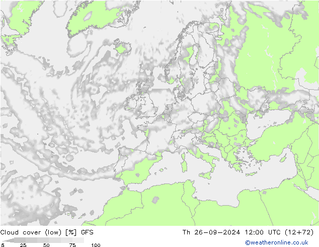 Cloud cover (low) GFS Th 26.09.2024 12 UTC