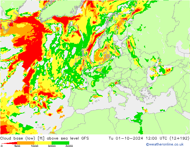 Alçak Bulut Alt Sınırı GFS Sa 01.10.2024 12 UTC