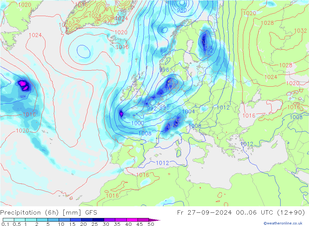 Z500/Rain (+SLP)/Z850 GFS Fr 27.09.2024 06 UTC