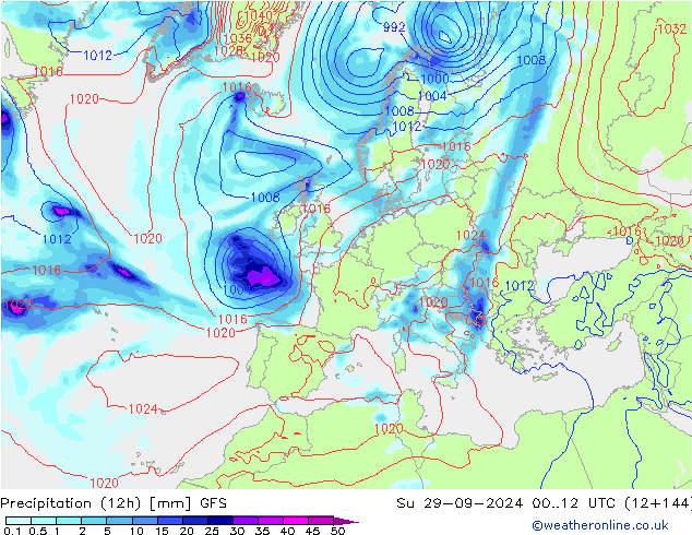 Totale neerslag (12h) GFS zo 29.09.2024 12 UTC