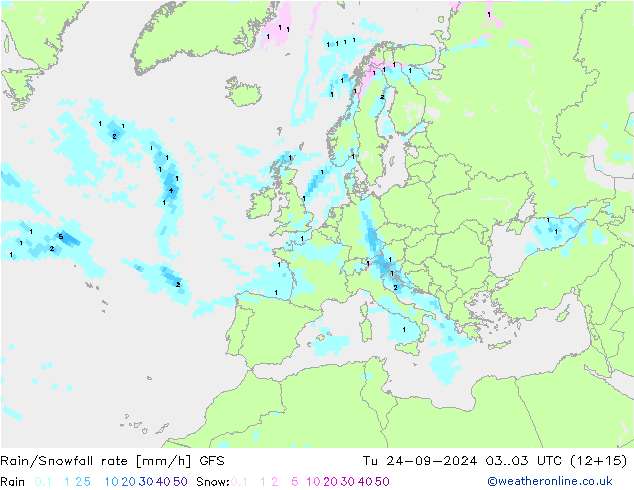 Rain/Snowfall rate GFS mar 24.09.2024 03 UTC