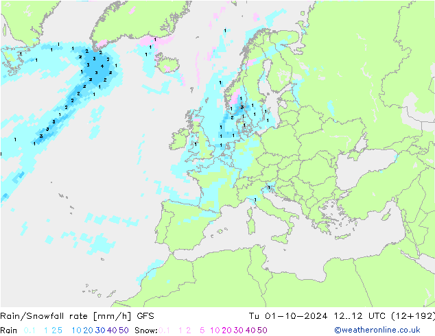 Rain/Snowfall rate GFS Tu 01.10.2024 12 UTC