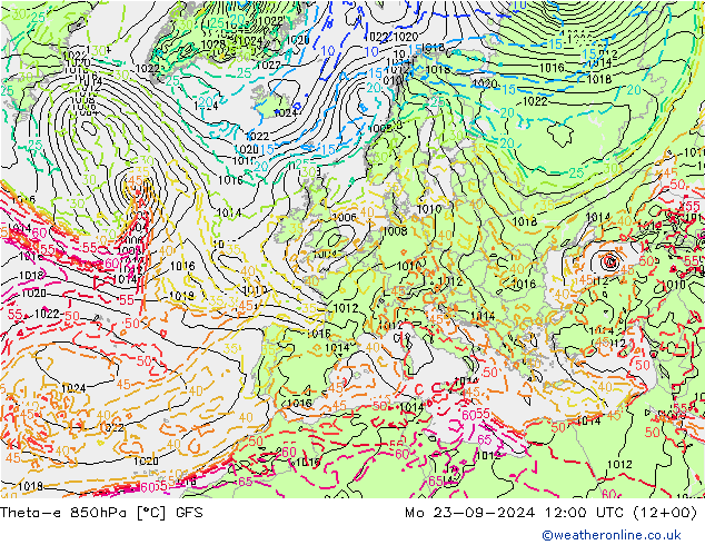 Theta-e 850hPa GFS ma 23.09.2024 12 UTC