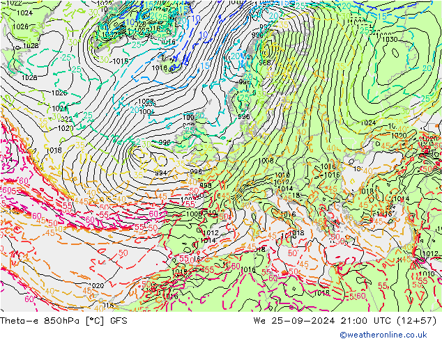 Theta-e 850hPa GFS We 25.09.2024 21 UTC