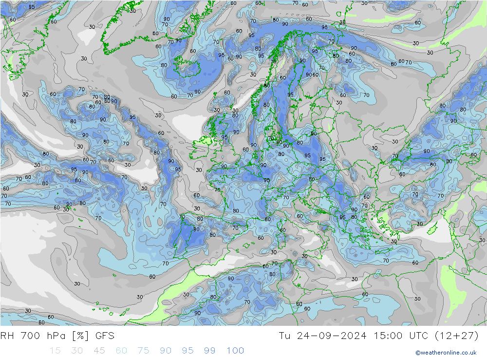 RH 700 hPa GFS wto. 24.09.2024 15 UTC