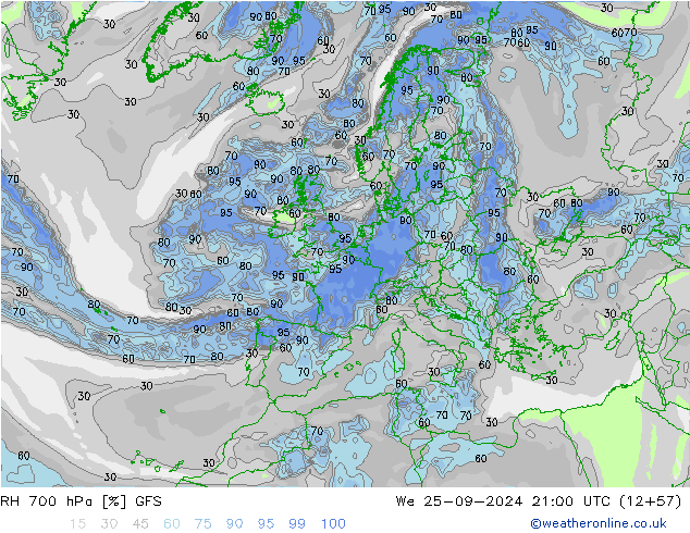 RH 700 hPa GFS śro. 25.09.2024 21 UTC