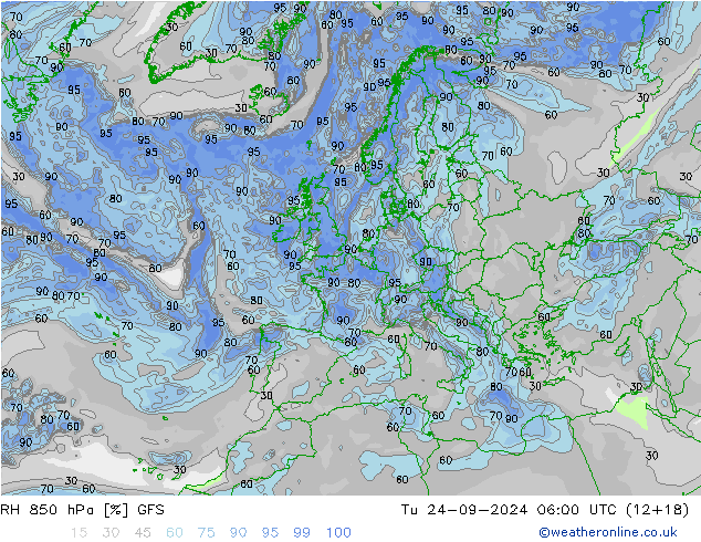 RH 850 hPa GFS Tu 24.09.2024 06 UTC