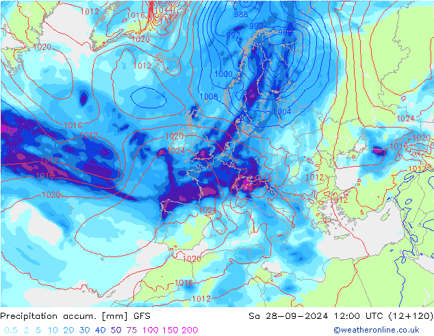 Precipitation accum. GFS Sa 28.09.2024 12 UTC