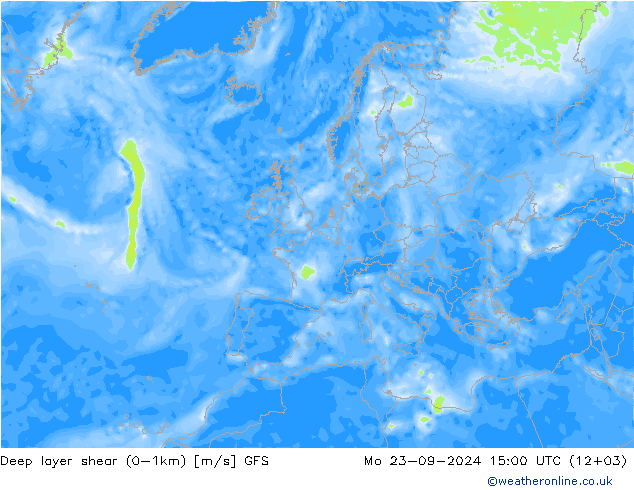 Deep layer shear (0-1km) GFS Pzt 23.09.2024 15 UTC