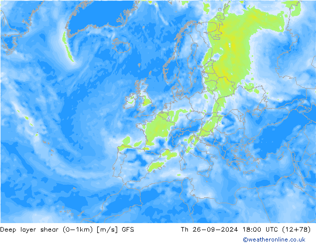 Deep layer shear (0-1km) GFS Qui 26.09.2024 18 UTC