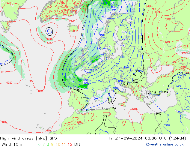 High wind areas GFS vie 27.09.2024 00 UTC