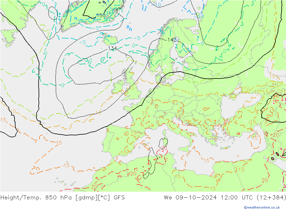 Height/Temp. 850 hPa GFS We 09.10.2024 12 UTC