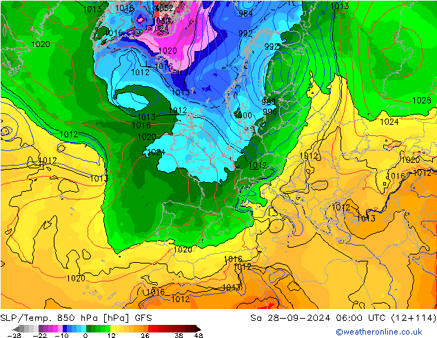 SLP/Temp. 850 hPa GFS Sa 28.09.2024 06 UTC