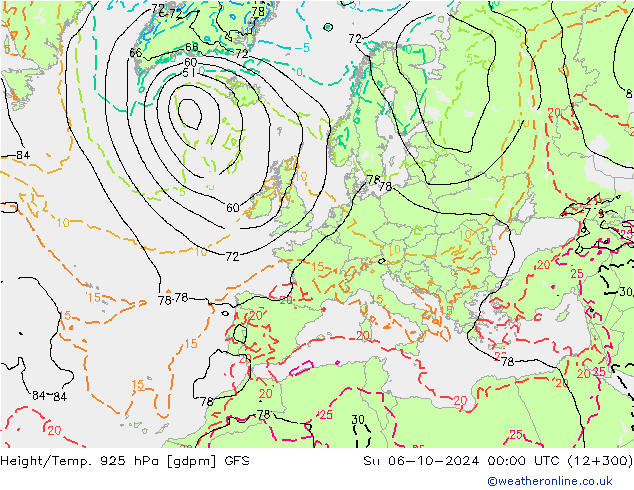 Yükseklik/Sıc. 925 hPa GFS Paz 06.10.2024 00 UTC