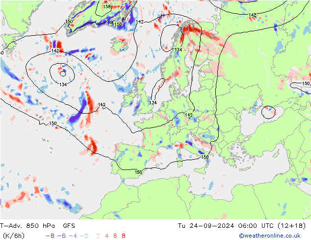 T-Adv. 850 hPa GFS Sa 24.09.2024 06 UTC