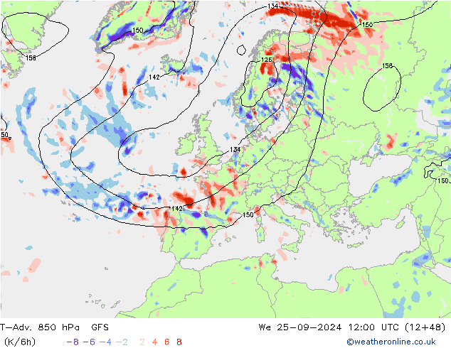 T-Adv. 850 hPa GFS We 25.09.2024 12 UTC