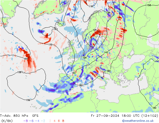 T-Adv. 850 hPa GFS ven 27.09.2024 18 UTC