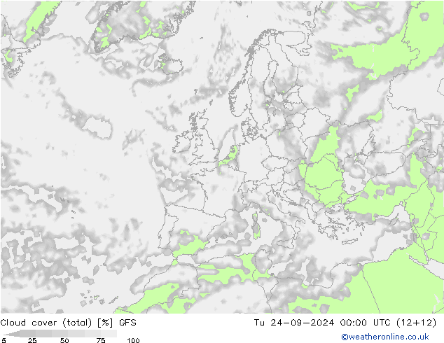 Cloud cover (total) GFS Tu 24.09.2024 00 UTC