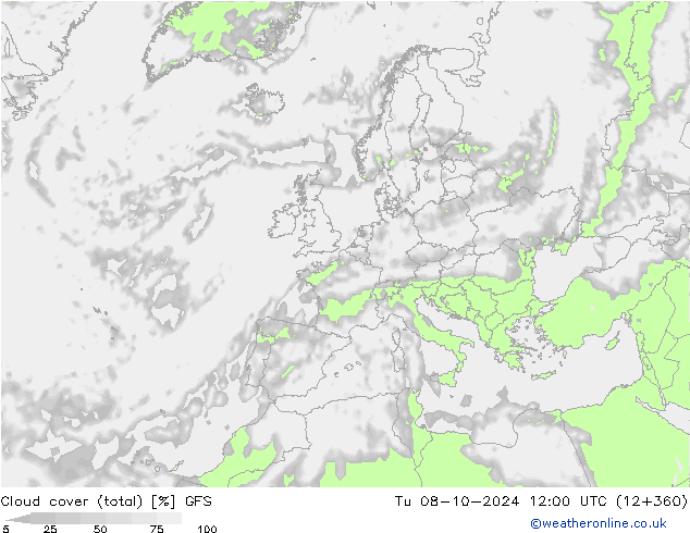 Bewolking (Totaal) GFS di 08.10.2024 12 UTC