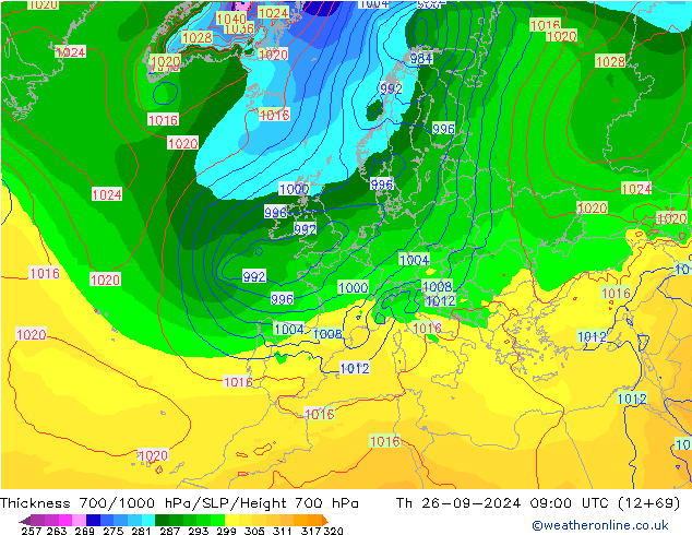 Thck 700-1000 hPa GFS czw. 26.09.2024 09 UTC