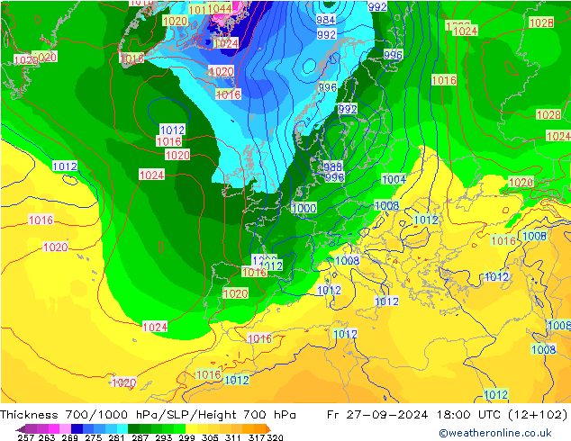 Schichtdicke 700-1000 hPa GFS Fr 27.09.2024 18 UTC