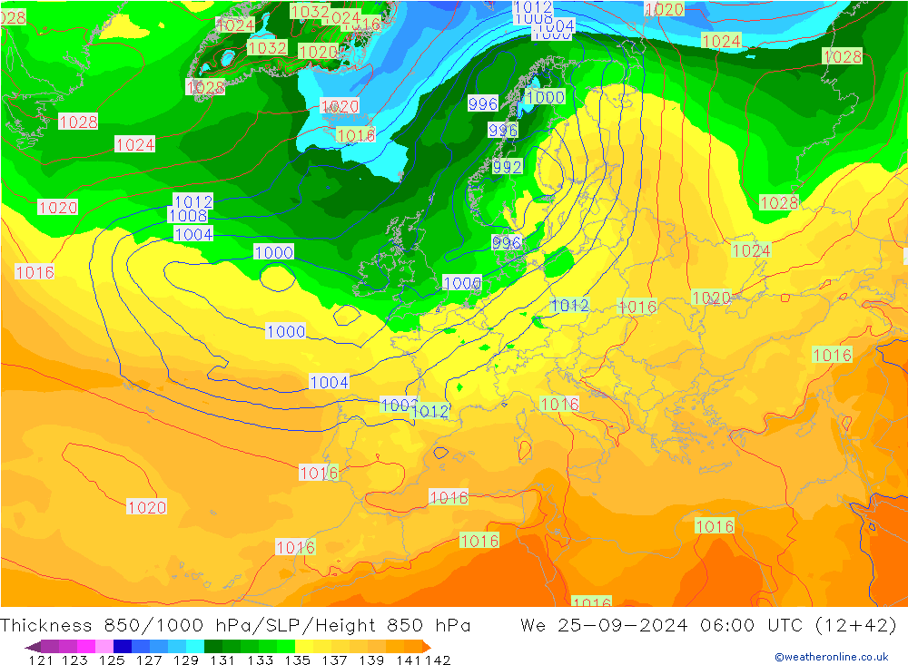 Espesor 850-1000 hPa GFS mié 25.09.2024 06 UTC