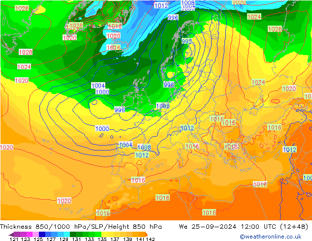 Dikte 850-1000 hPa GFS wo 25.09.2024 12 UTC