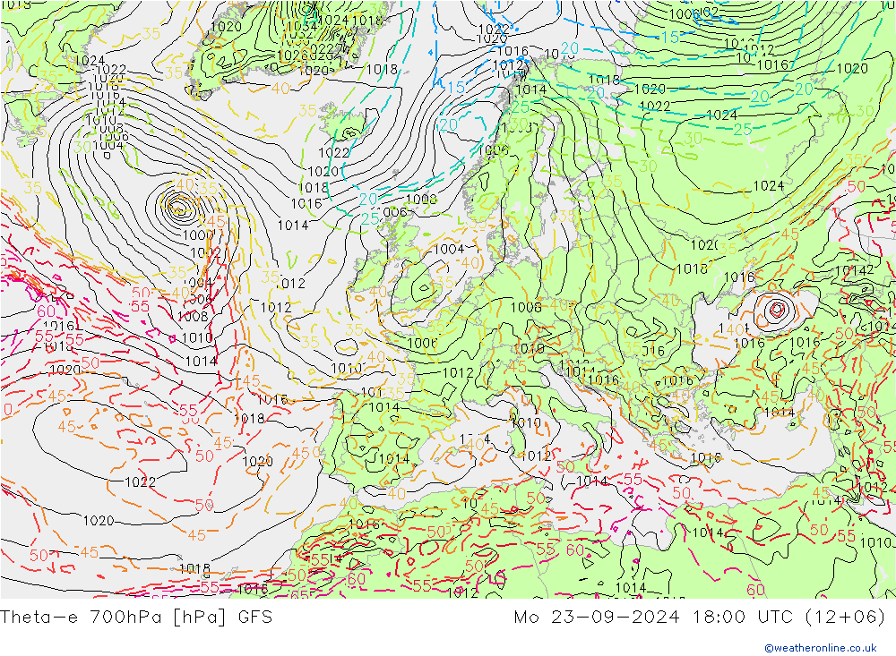 Theta-e 700hPa GFS lun 23.09.2024 18 UTC