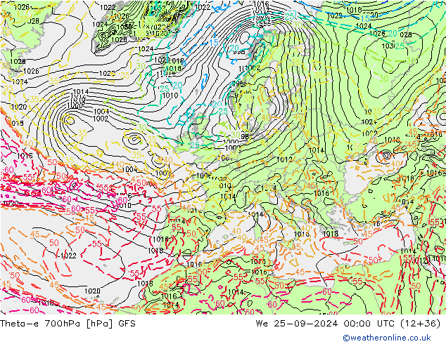 Theta-e 700hPa GFS śro. 25.09.2024 00 UTC