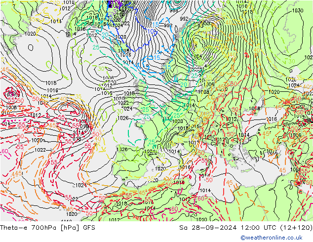 Theta-e 700hPa GFS Sa 28.09.2024 12 UTC