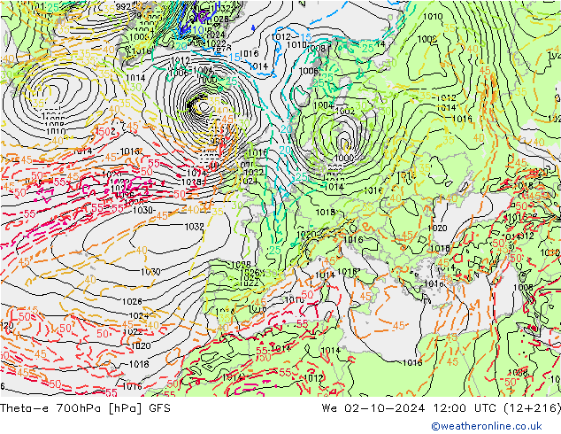 Theta-e 700hPa GFS Qua 02.10.2024 12 UTC