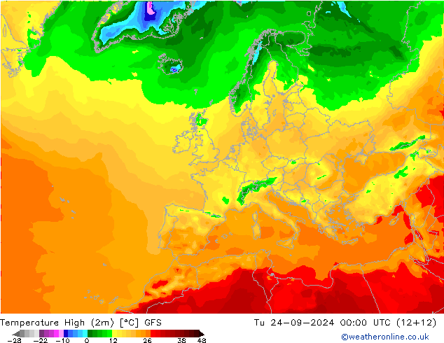 Temperatura máx. (2m) GFS mar 24.09.2024 00 UTC