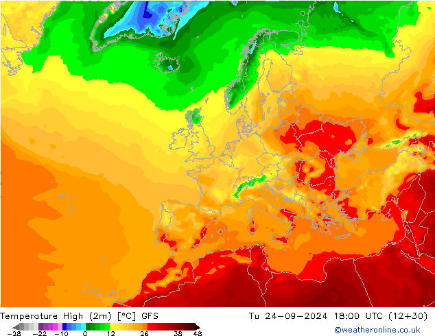 température 2m max GFS mar 24.09.2024 18 UTC