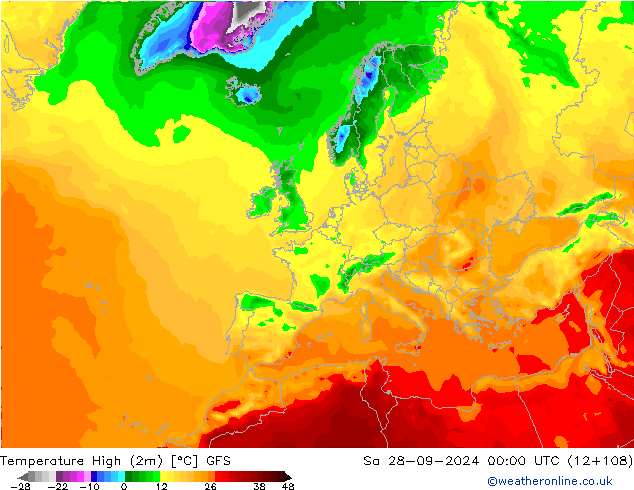 Temperature High (2m) GFS Sa 28.09.2024 00 UTC