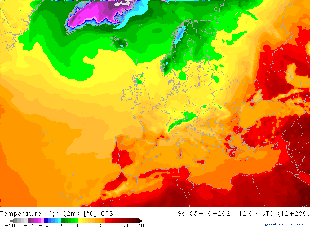 Max. Temperatura (2m) GFS so. 05.10.2024 12 UTC