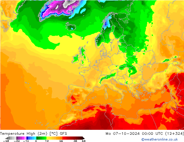 Temperature High (2m) GFS Mo 07.10.2024 00 UTC