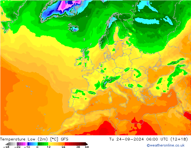 température 2m min GFS mar 24.09.2024 06 UTC