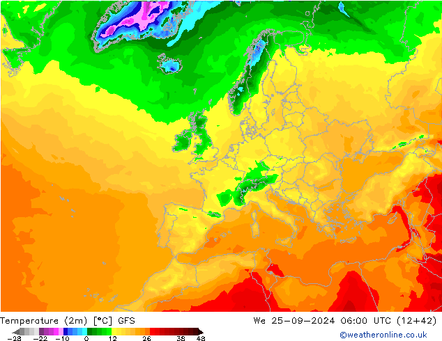 Temperatura (2m) GFS mié 25.09.2024 06 UTC