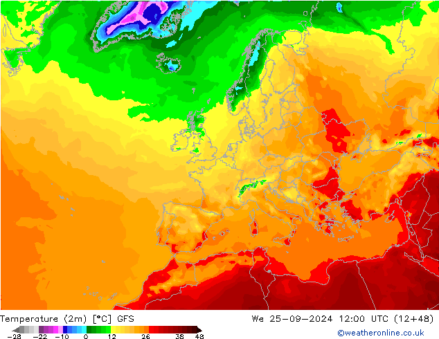 Temperatuurkaart (2m) GFS wo 25.09.2024 12 UTC