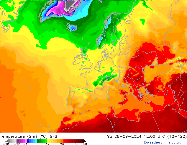 Temperature (2m) GFS So 28.09.2024 12 UTC