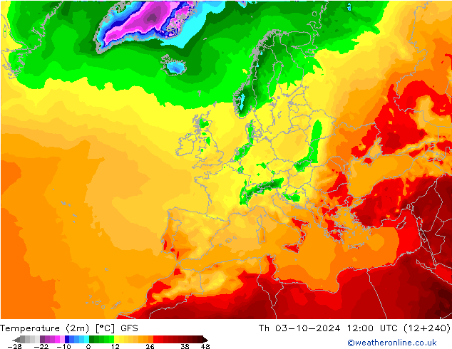 Temperaturkarte (2m) GFS Do 03.10.2024 12 UTC